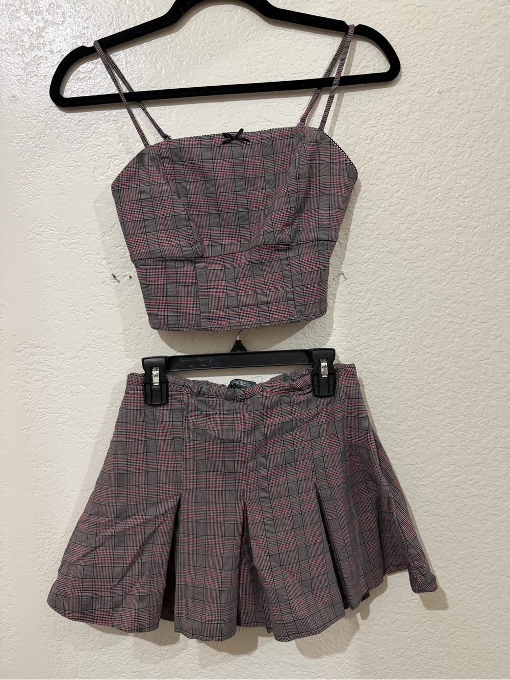 wild fable Pink and Gray Plaid Crop Top & Pleated Mini Skirt Set